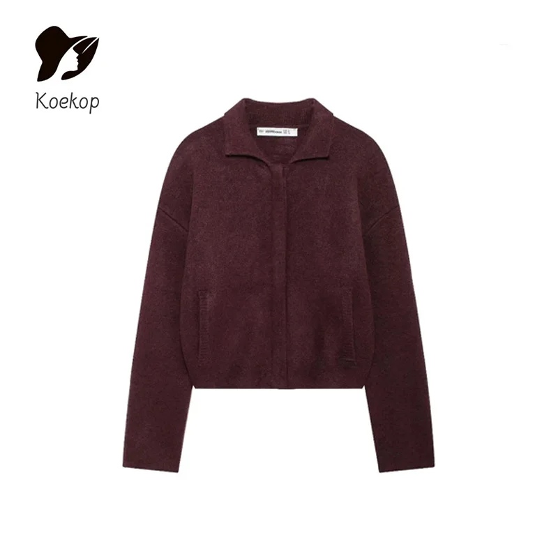 Koekop Women's Fashion Solid Color Zipper Closed Lapel Knit Long Sleeve Jacket Top Vintage Casual Chic Ladies Jacket Top