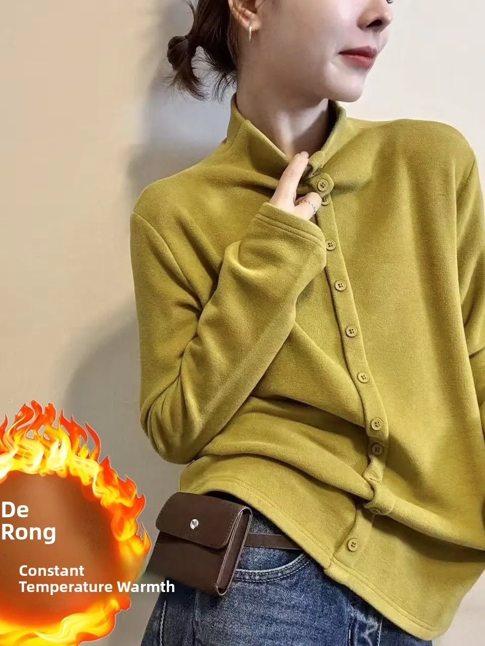 

Удобная теплая футболка с высоким воротником на одной пуговице, с длинным рукавом, мягкая, теплая, базовый слой, облегающий крой, осень-зима, новинка, корейский стиль