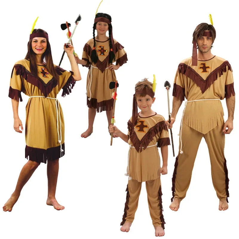 New Arrival Halloween Kids Aboriginal Indian Primitive Party Cosplay Costume Boys Girls Leopard Viking Savage Robes Dress Stage