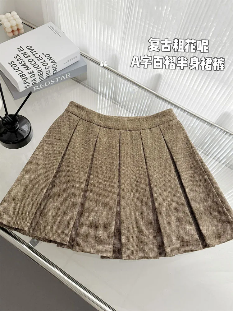 American Retro Pleated Skirt Women Kawaii Streetwear Preppy Style High Waist Khaki A-Line Skirt Autumn Winter Kpop Party Prom