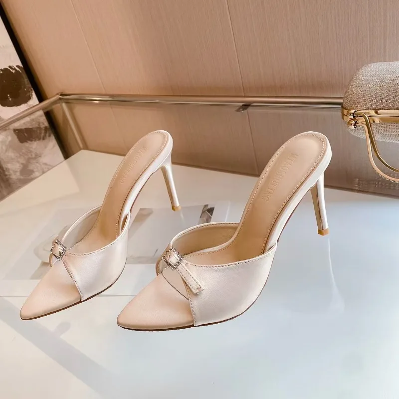 Champagne Color Square Buckle High Heeled Slippers for Women's Fashion Slim Heeled Pointed Sexy Open Toe Flip Flops 7/9CM