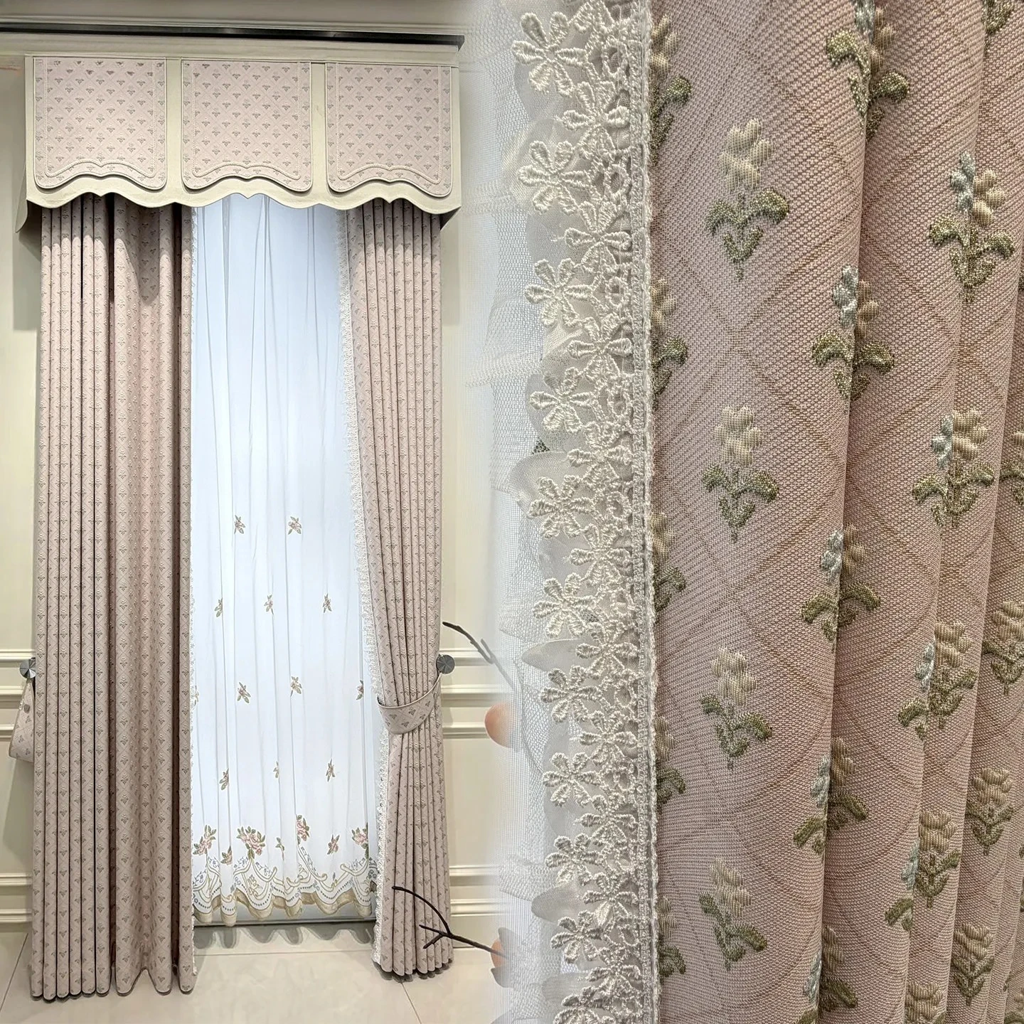 New French Retro Relief Powder Chenille Jacquard Lace Curtains for Living Room Bedroom French Window Customized Villa Valance