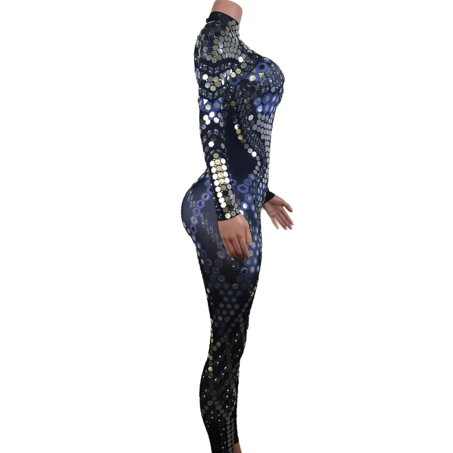 Fashion Long Sleeve Rhinestone Sequin Bodysuits Plus Size Spandex Dancer Leotard Bodycon Rompers Women Party One Piece Jumpsuits