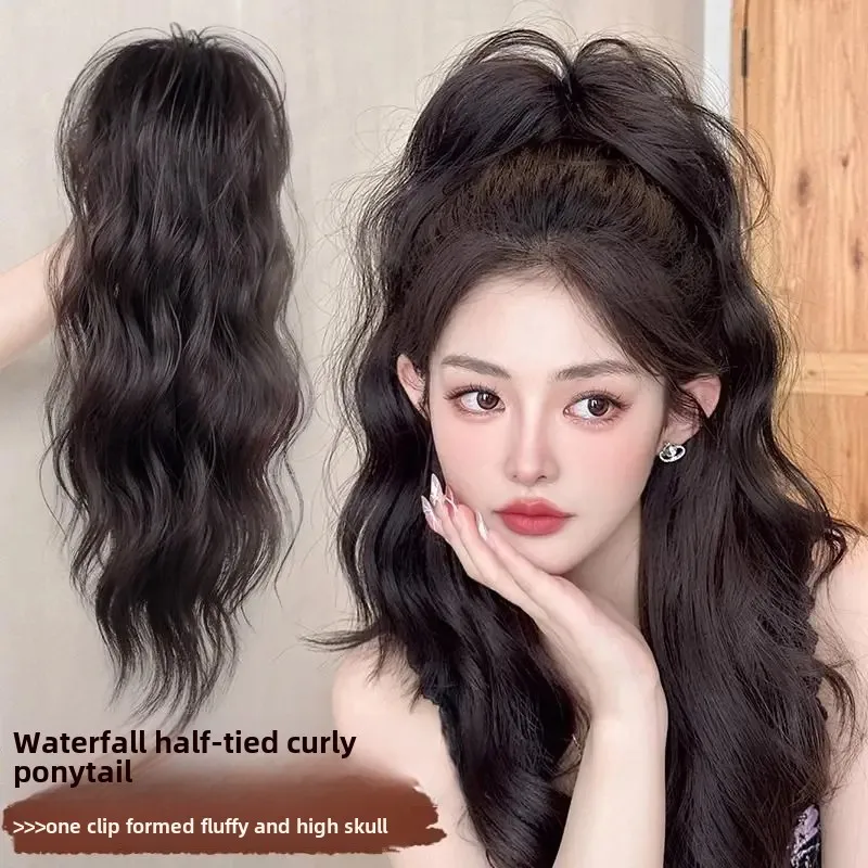 المرأة الآسيوية الألياف ذيل الحصان شعر مستعار عالية موجة كريست خصلات شعر وهمية جذر ضخم أعلى موجة نمط شعر مستعار من البر الرئيسى للصين
