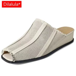 Dilalula Retro Genuine Leather Med Wedges Heels Mules Woman Fashion Casual Peep Toe Canvas Slippers Ladies Vacation Shoes 2025
