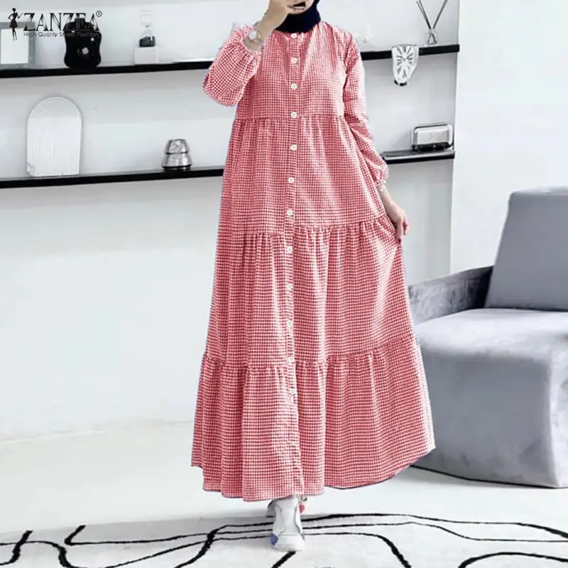 

ZANZEA Islamic Womens Casual Gingham Long Dresses Muslim Hijabs O-Neck Puff Sleeves Button Up Tiered Dress Ramadan Abaya Robes