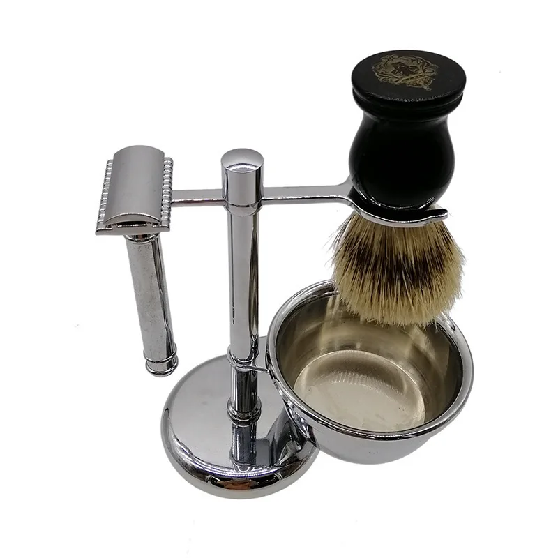

Men's beard brush set, 4-piece beard brush rack shaving tool, bowl, stainless steel pig sideburns, cleansing brush tool, durable