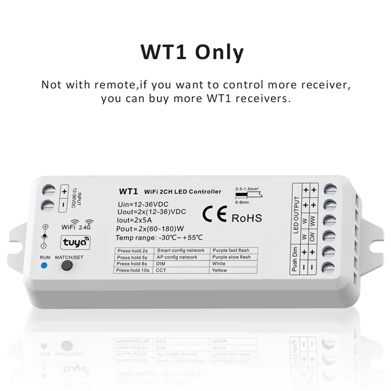 ELECT-TUYA 2.4G Wifi Dimmer Controller Kit For 2CH LED Strips- WT1 12V 24V 36V CCT Smart Dimming Remote Control Module