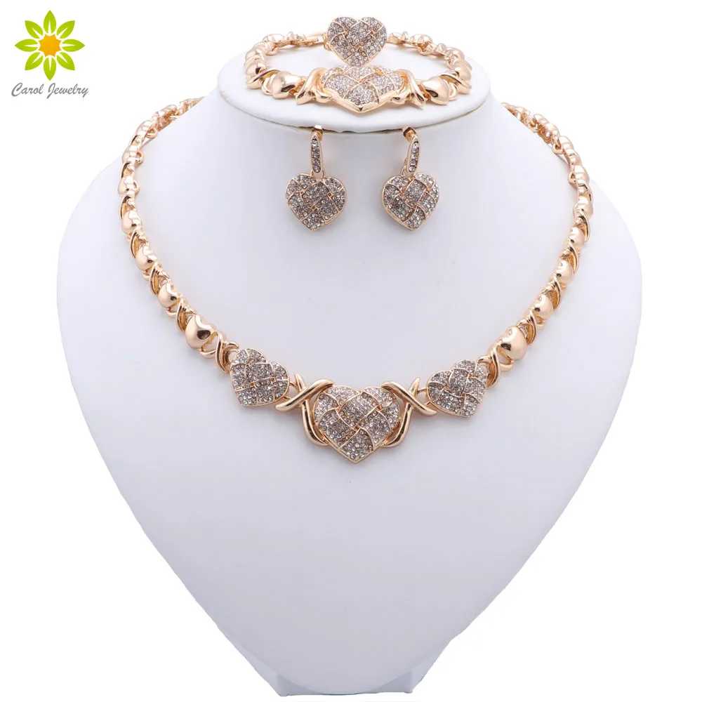 Heart Shape Gold Plated Necklace Earrings Bracelet Ring African Set Italian Bridal Jewellery Sets Wedding Collares Accessories