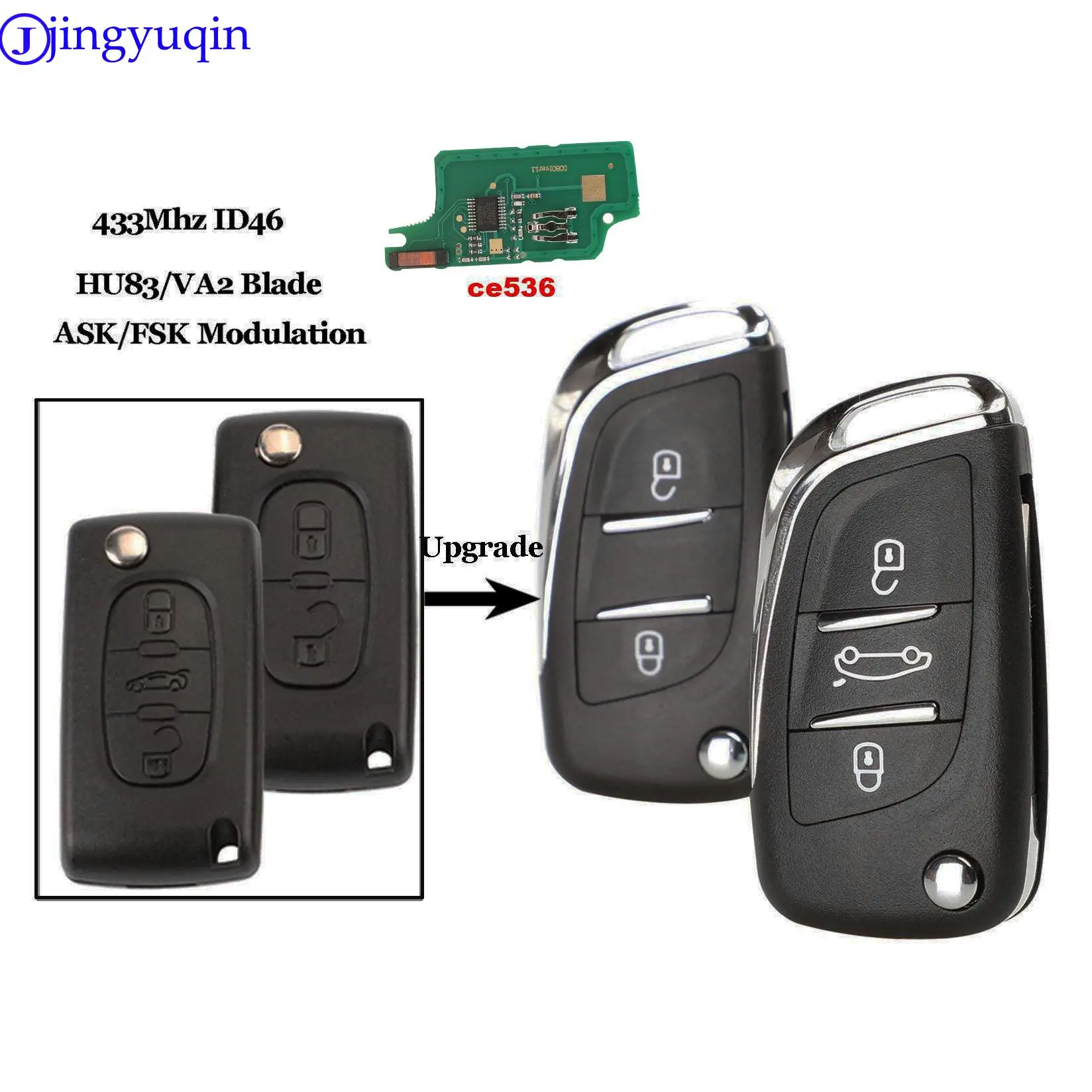 

jingyuqin CE0536 2/3 Buttons Modified Flip Car key For Peugeot Partner 307 308 407 408 3008 ASK/FSK 433MHz PCF7961Chip HU83/VA2