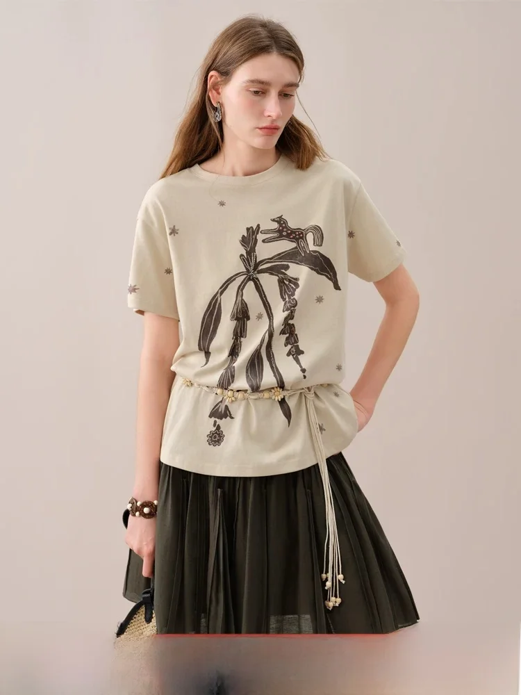 

Loose Casual round Neck Short Sleeve T-Shirt Women's Summer New Style Printed Beaded Top Comfortable Cotton Commute Wind