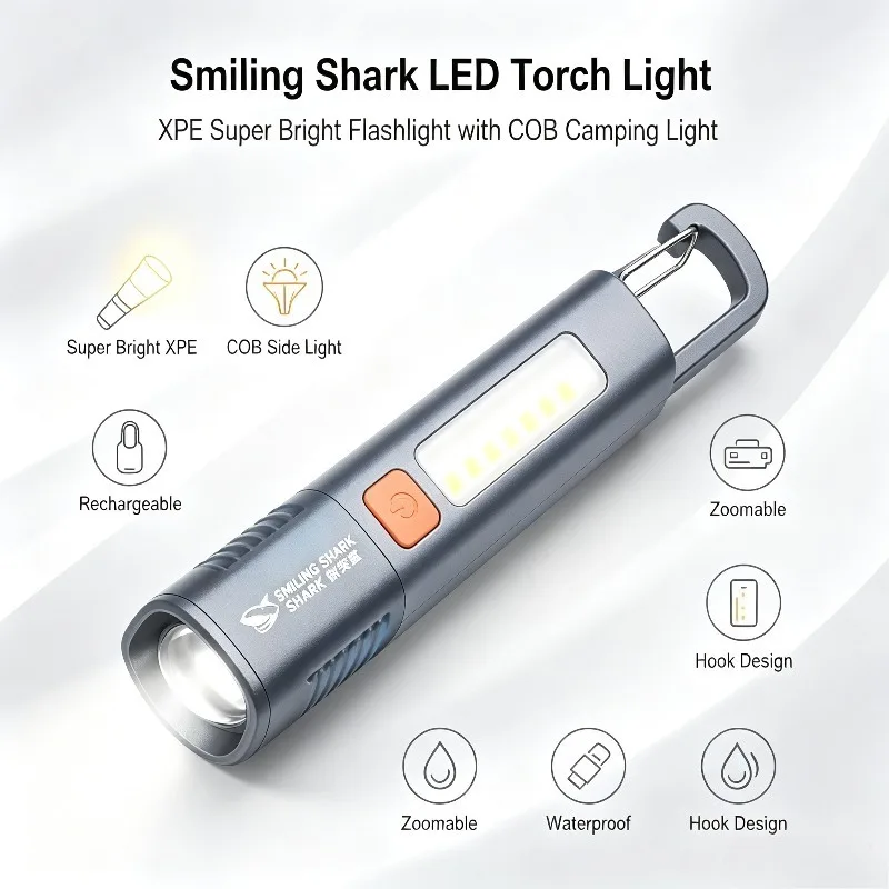 Smiling Shark LED Torch Light XPE Super Bright Flashlight with COB Side Light Hook Camping Light Rechargeable Zoomable SD1023