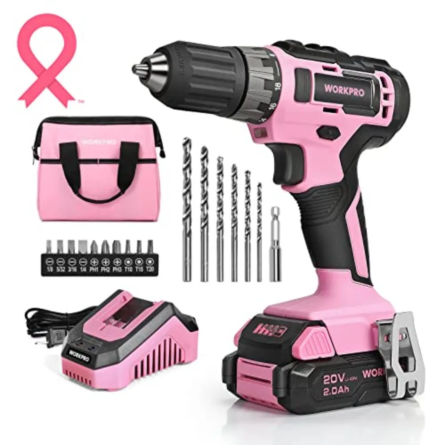 

20V Pink Cordless Drill Driver Set 3/8 Keyless Chuck 2.0 Ah Li-ion Battery 1 Hour Fast Charger and 11-inch Storage Bag