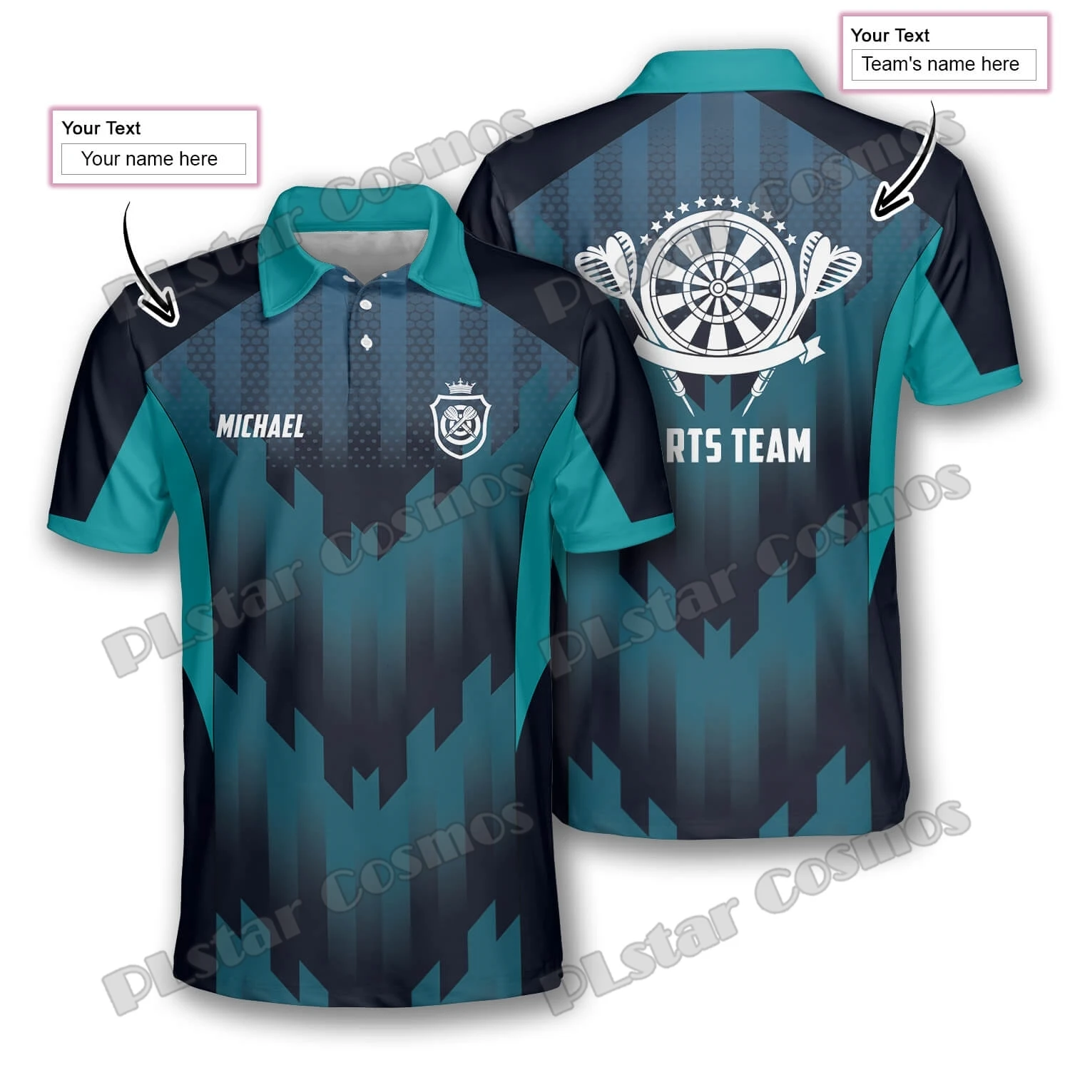 Estilo esportivo masculino personalizado dardos 3D impresso polo, polo unisex premium, verde e azul, moda casual, verão, PLP32