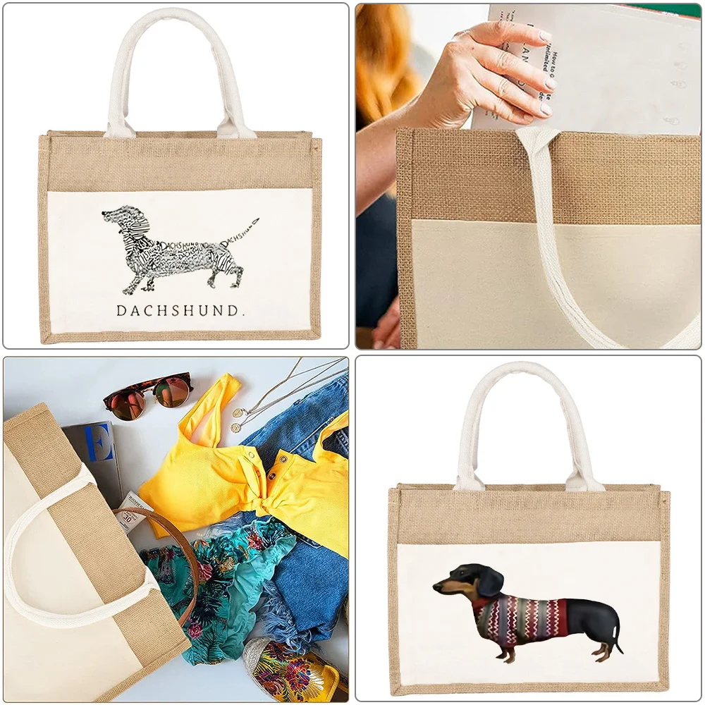 Burlap Jute Tote Bags Eco Shopping Bag Portable Beach Grocery Shoulder Bags Cute Dog Series Reusable Shopper Organizers