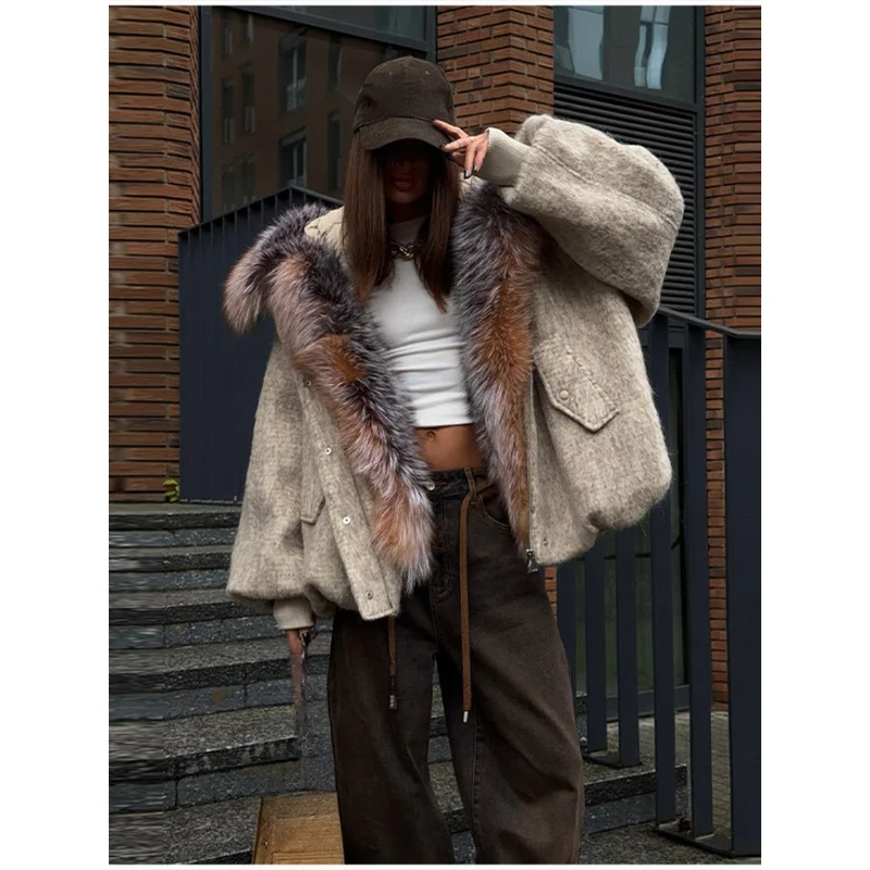QICHE Women European‑Style Wool‑Blend Coat Oversized Gradient Fur Collar Thick Warm Loose Zip‑Up Padded Jacket With Big Pockets