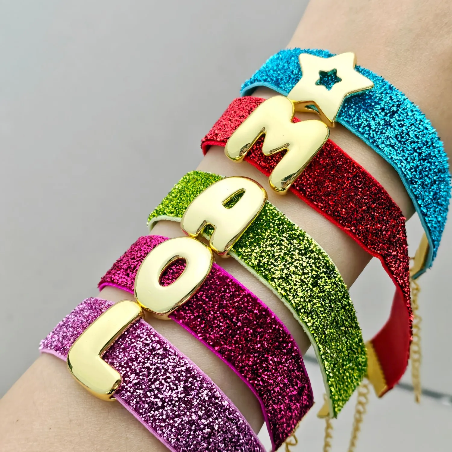 DOREMI Personalized Jewelry Adjustable Chirstmas Gift Band Bracelet Initial Letter Bubble Plain Gold Letters Christmas Bracelet