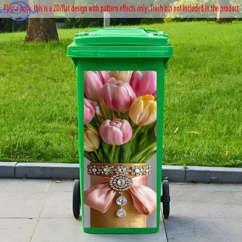 PC 2D Flat Self-Adhesive Trash Can Sticker, Golden Bucket Inlaid with Diamonds And Tulip Decorative Sticker, Creative Trash Ca