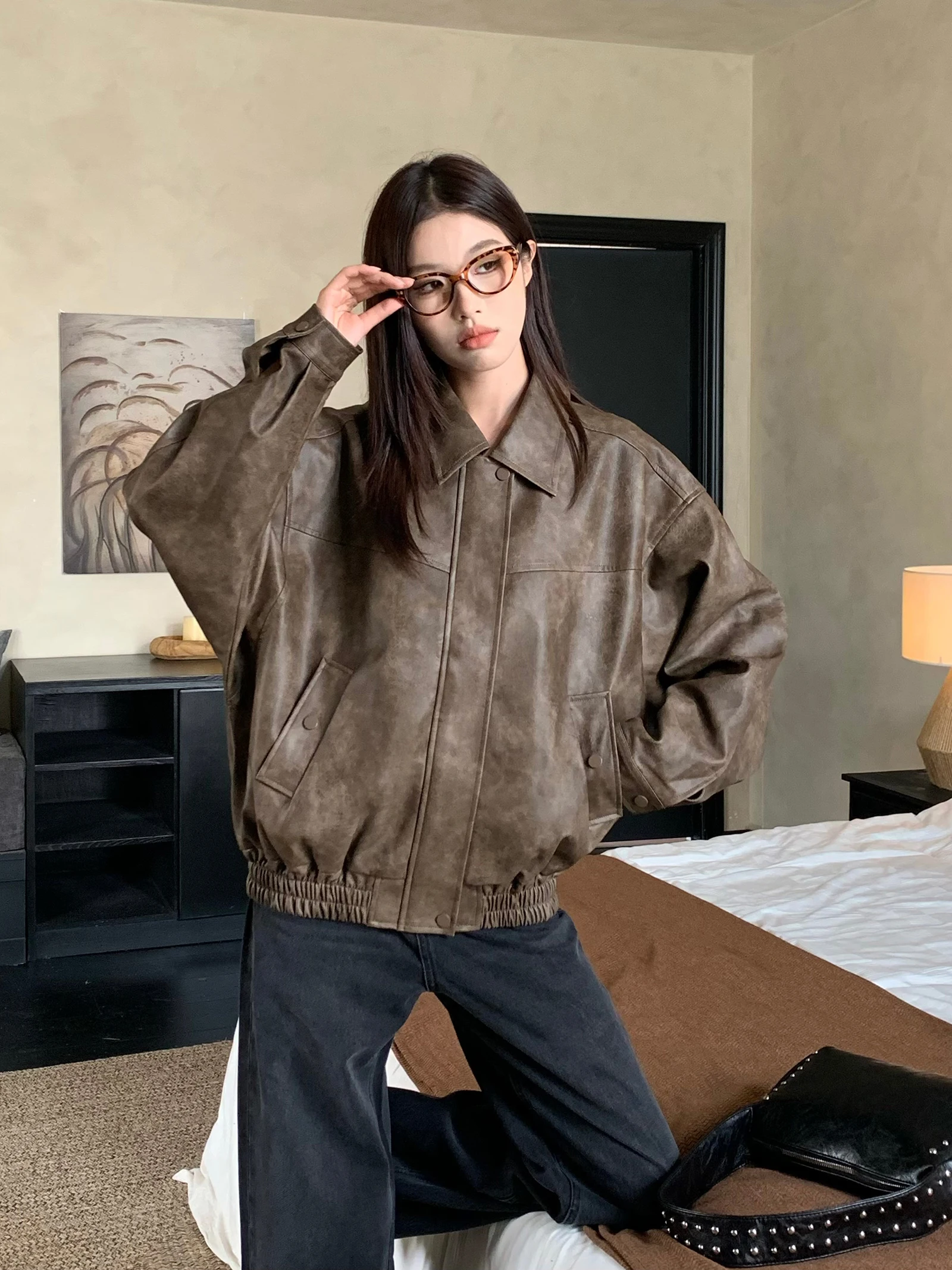 

Retro Vintage Biker Jaet Women's Loose Fit Casual Outerwear Heavy Embroidery American Sweet Cool Sle PU Leather Coat