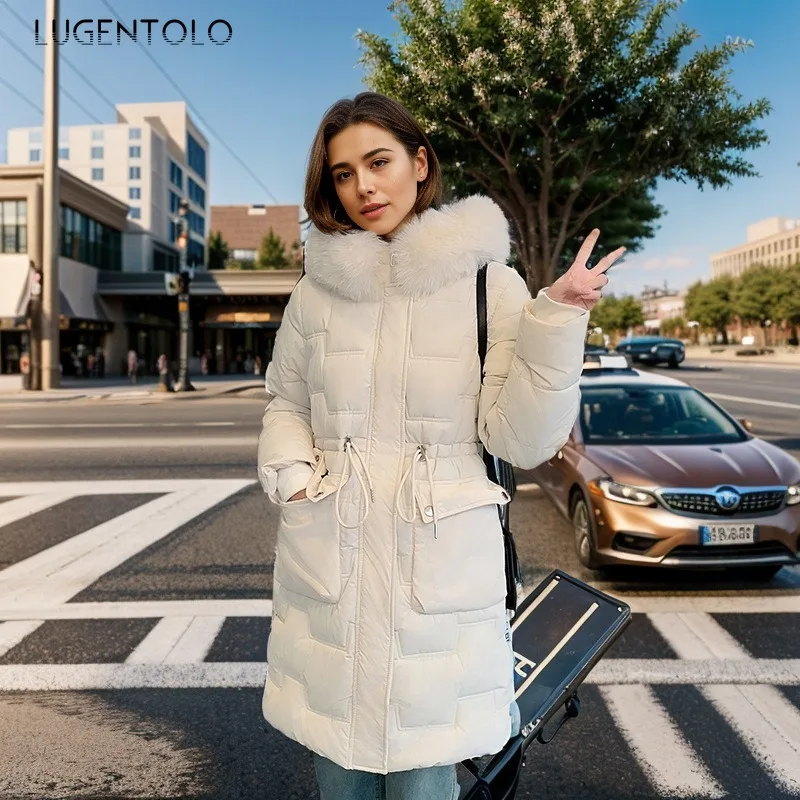 Women Casual Parkas 2024 Thickened Windproof Warm Fake Fur Collar Hooded Down Cotton Coat Fashion Quilted Waist-cinching Jacket