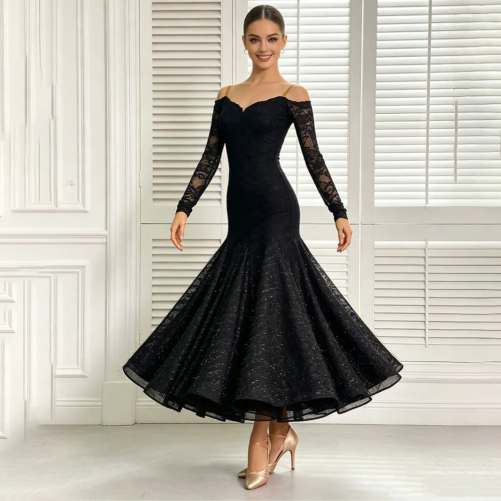 Damen Spitzen-Tanzkleid mit Schulterfreiem Ausschnitt und Langen Ärmeln, Meerjungfrauenschnitt, Standard-Tanzwettbewerbskostüm mit Weitem Saum, Walzer-Tanzkleid