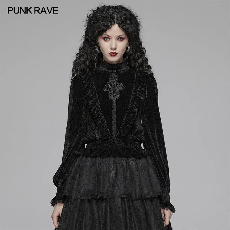 

PUNK RAVE Women's Gothic Stand Collar Velvet Gorgeous Black Shirt Victorian Vintage Christmas Halloween Party Women Blouses