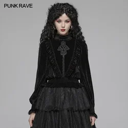 PUNK RAVE Women's Gothic Velvet Gorgeous Vintage Stand Collar Black Shirt Victorian Christmas Halloween Party Women Blouses