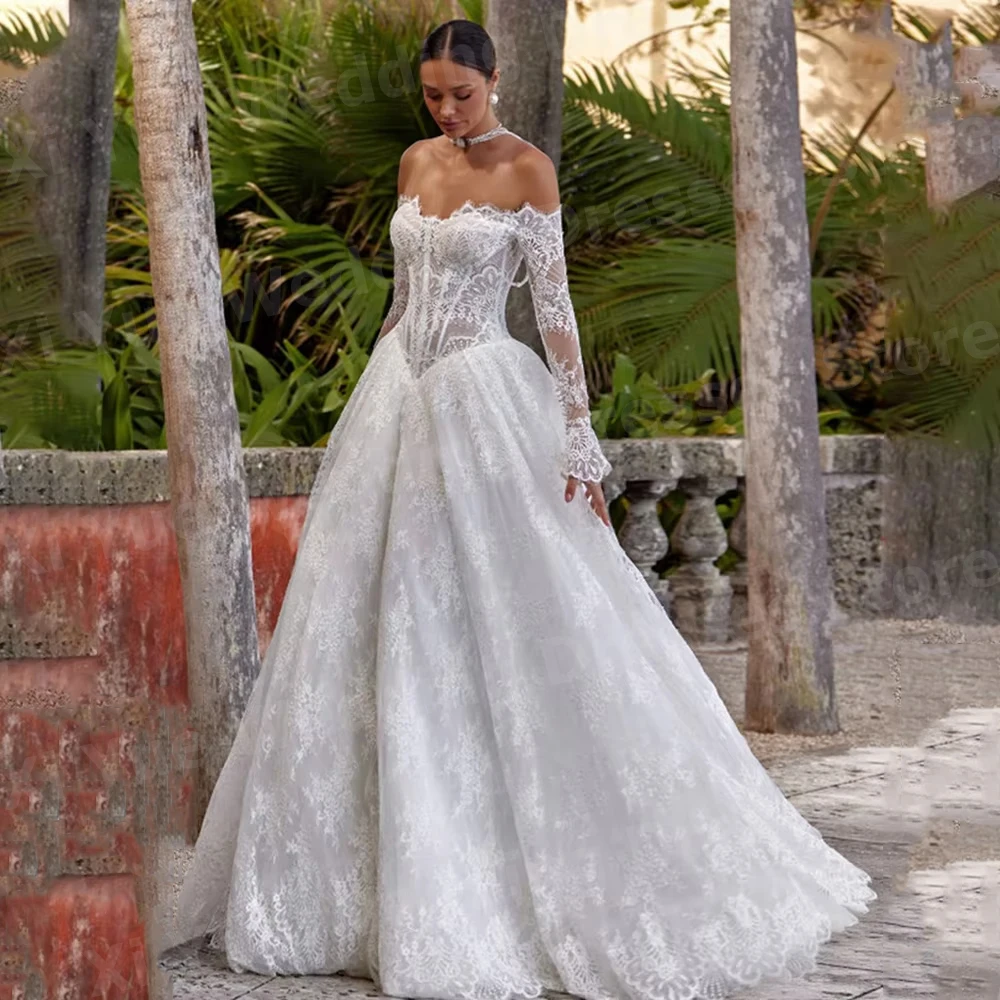 Requintado uma linha feminina fora do ombro rendas vestidos de casamento novia manga longa vestidos de noiva personalizado robe de mariée