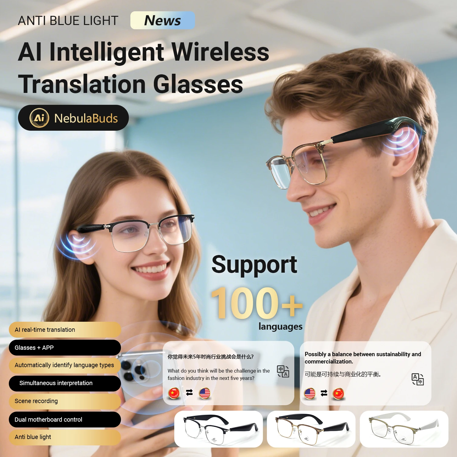 LIGE Smart Bluetooth Glasses AI Intelligent Translation Anti-blue Light Simultaneous Interpretation Eyeglasses Calling Headphone