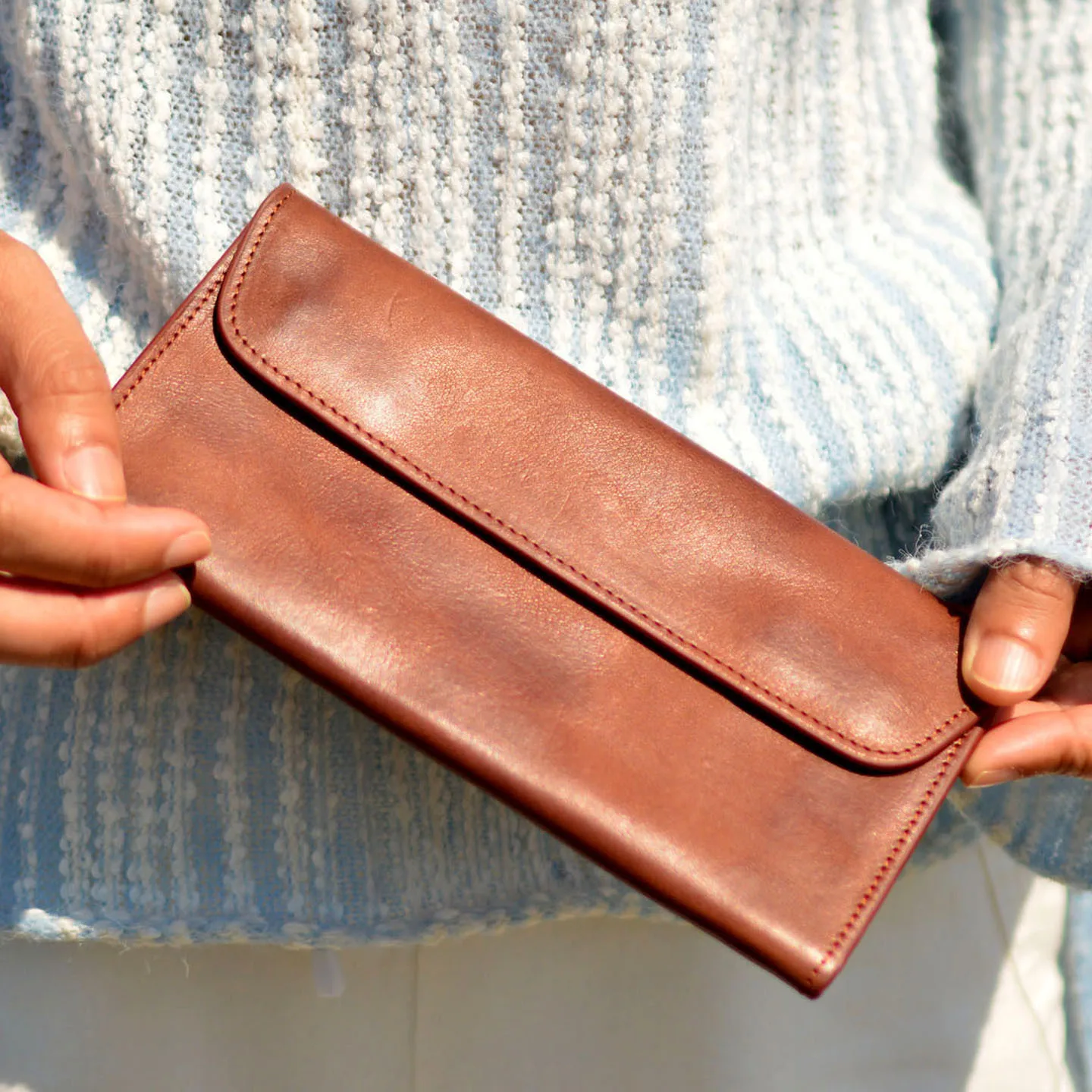 Vintage Long Leather Wallet Top Layer Tanned Cowhide Universal Style for Men And Women Student Favorite Simple  Color