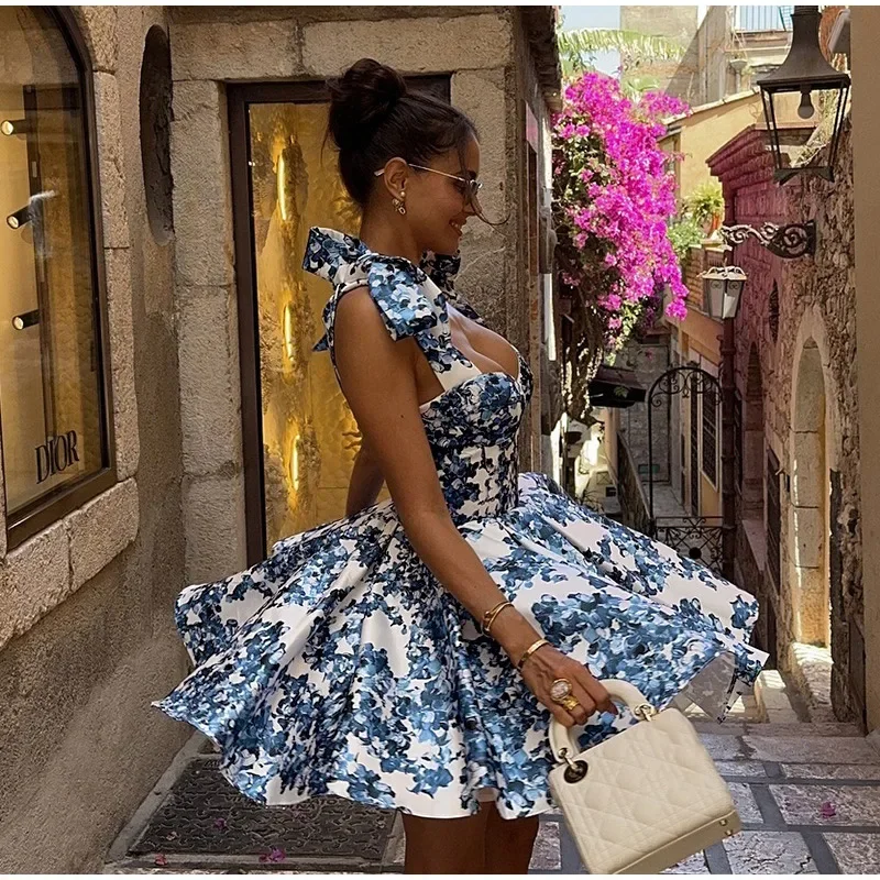 Giyu moderne noeud sangle bleu et blanc porcelaine robes de bal sans manches plissé a-ligne robe de fête d'anniversaire robes chérie 2025