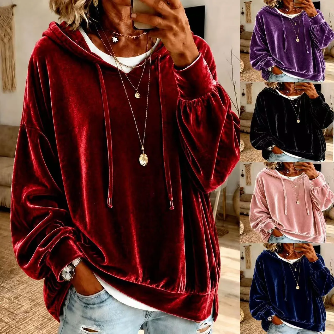  2026 Women Velvet Hoodie Drawstring Long Sleeve Sweatshirt Solid Loose Pullover Tops Elegant Casual Hooded Autumn Winter Fashi
