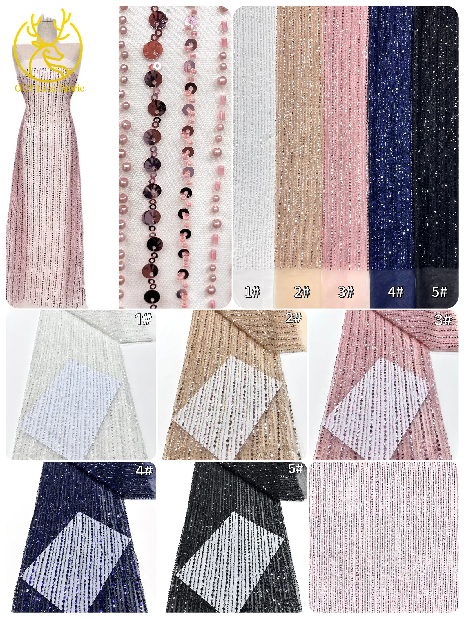 Luxuriöser afrikanischer Perlen-Mesh-Spitzenstoff 2026, französischer nigerianischer Pailletten-Tüll-Spitzenstoff für Damen, Brautkleid, Hochzeitskleid, zum Nähen – Detail 3