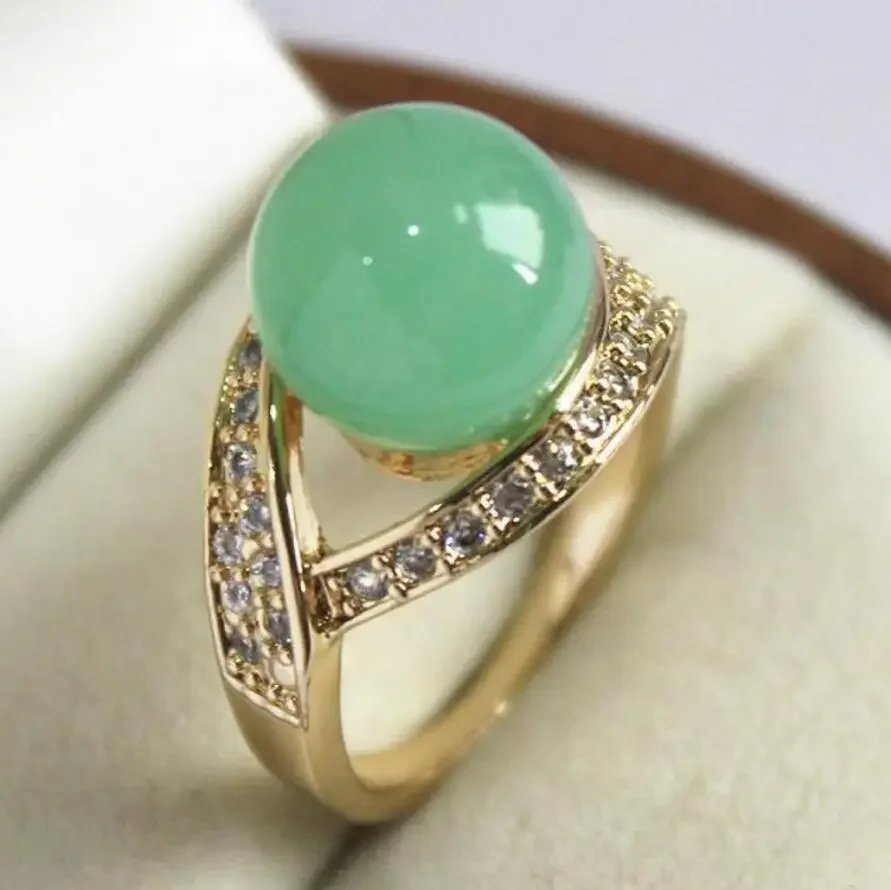 cute lady's 18KGP with crystal decorated &12mm light green jade ring(#7 8 9 10)