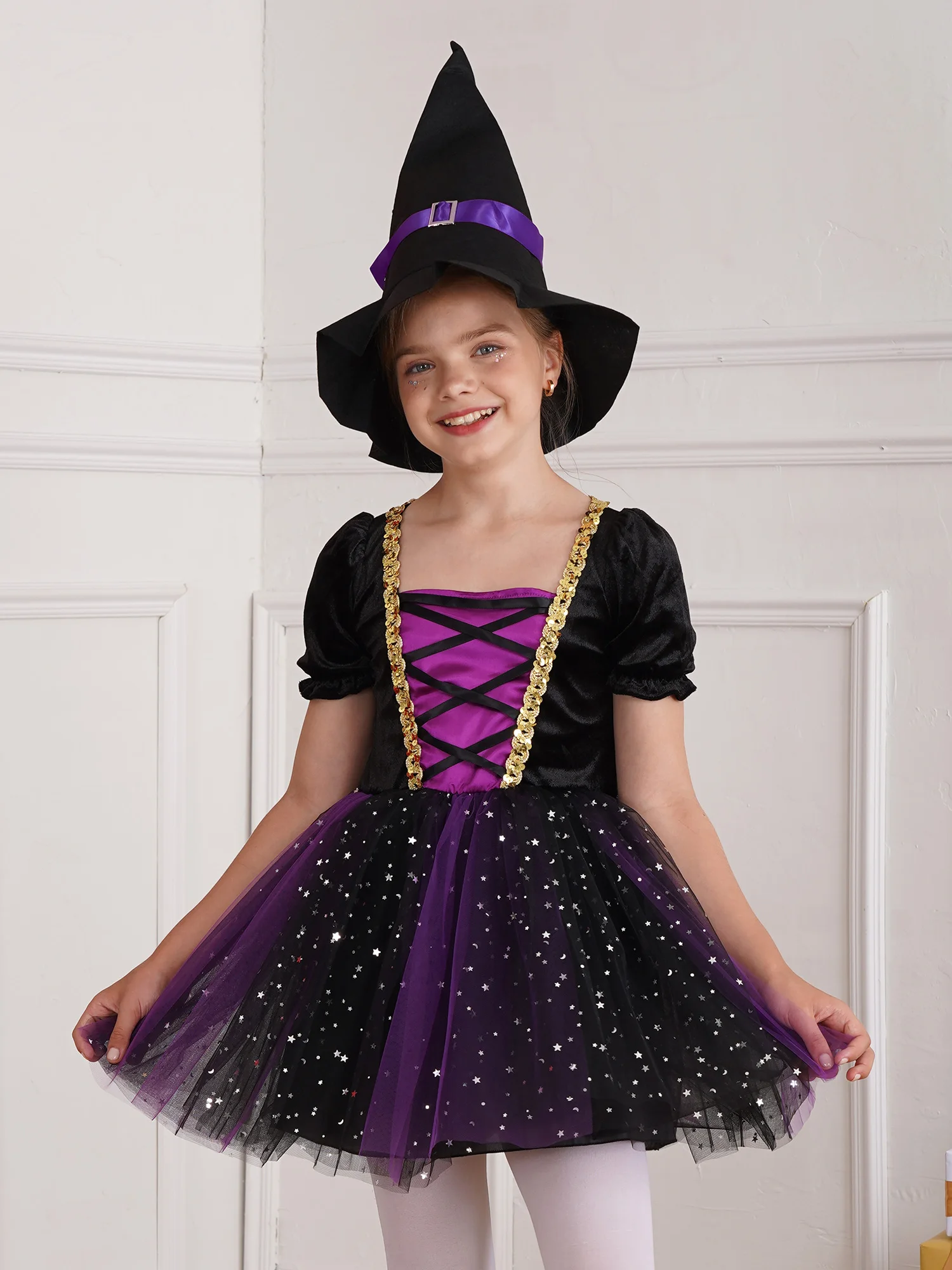 Halloween Witch Costume Outfits for Girls Carnival Party Glittery Mesh Tutu Dress with Witch Hat Purple Wizard Witch Cosplay Set