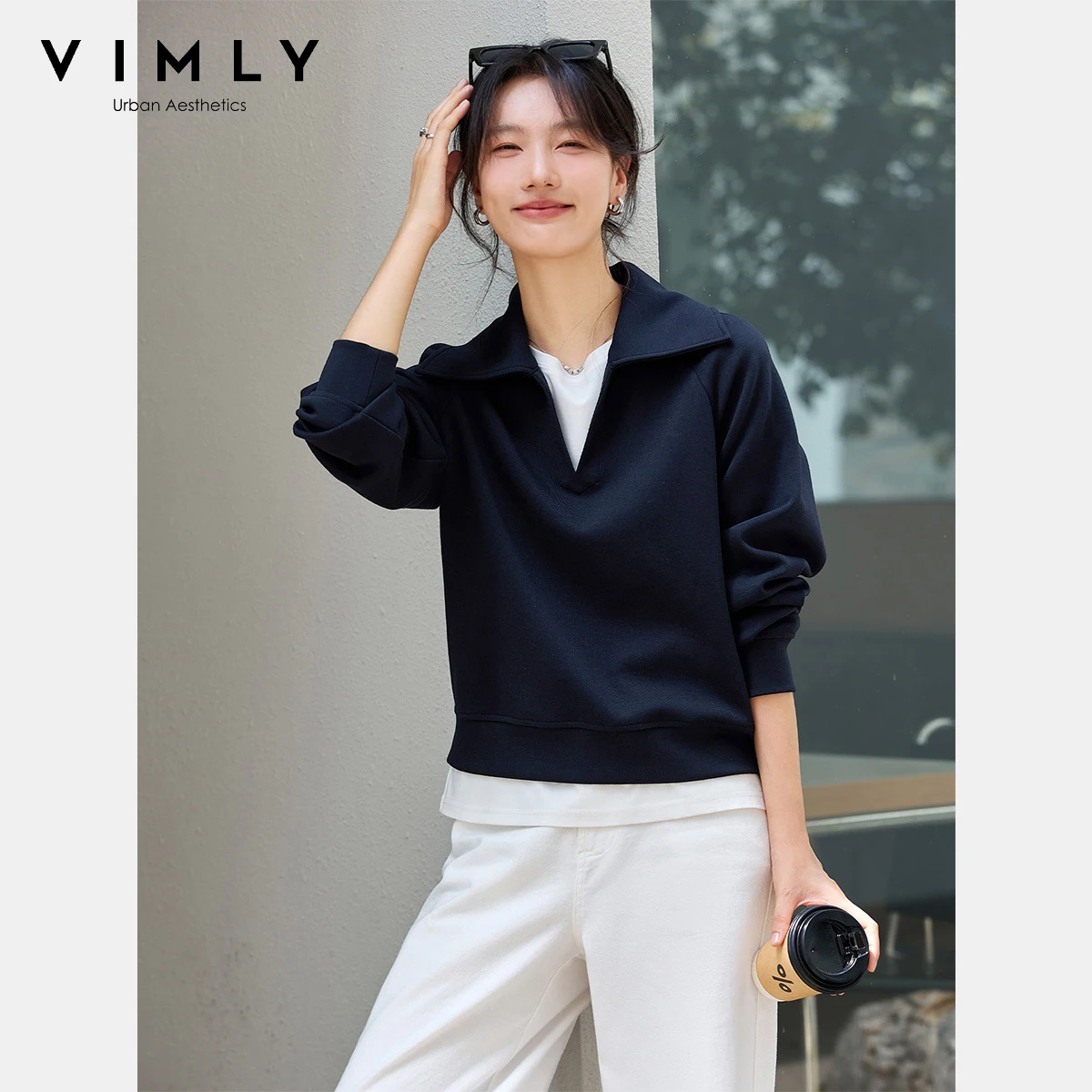 VIMLY Sports Women Sweatshirts Autumn 2025 Navy Blue Knitted Female Sweatshirt Elegant Office Wear Polo Neck Ladies Tops A2220