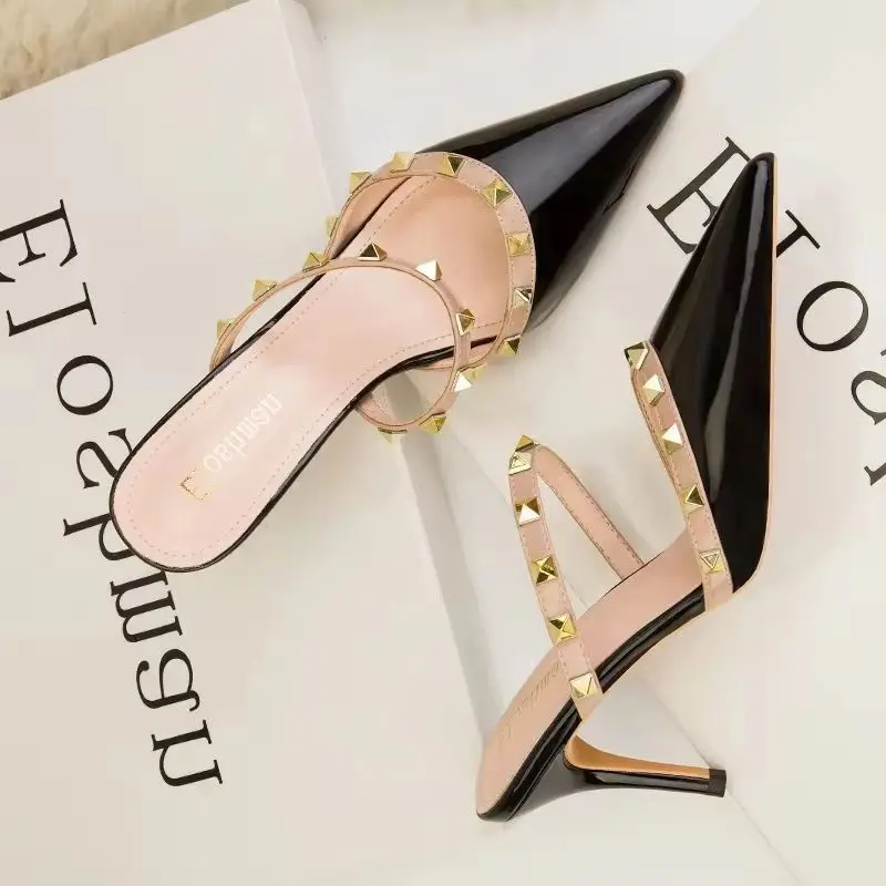 

New Women High Heel Sandal 7.5cm Pointed Sandals Women Riveted High-heeled Shoes With Spikes Middle Heel Shoes 34-41