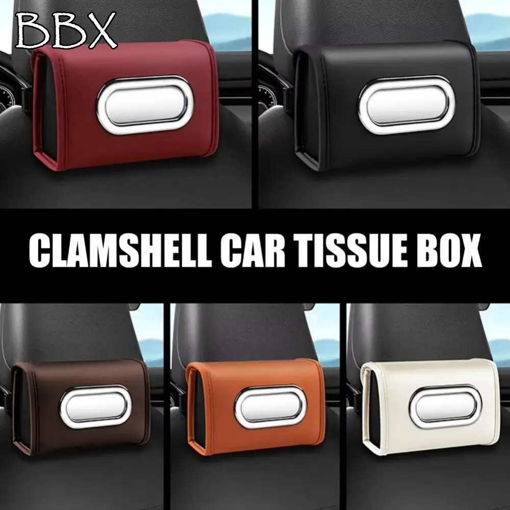 

Rectangular Car Tissue Box Holder Wide Metal Drawer Openings Clamshell Design Car Seat Back Tissue Box PU Leather Hanging Type
