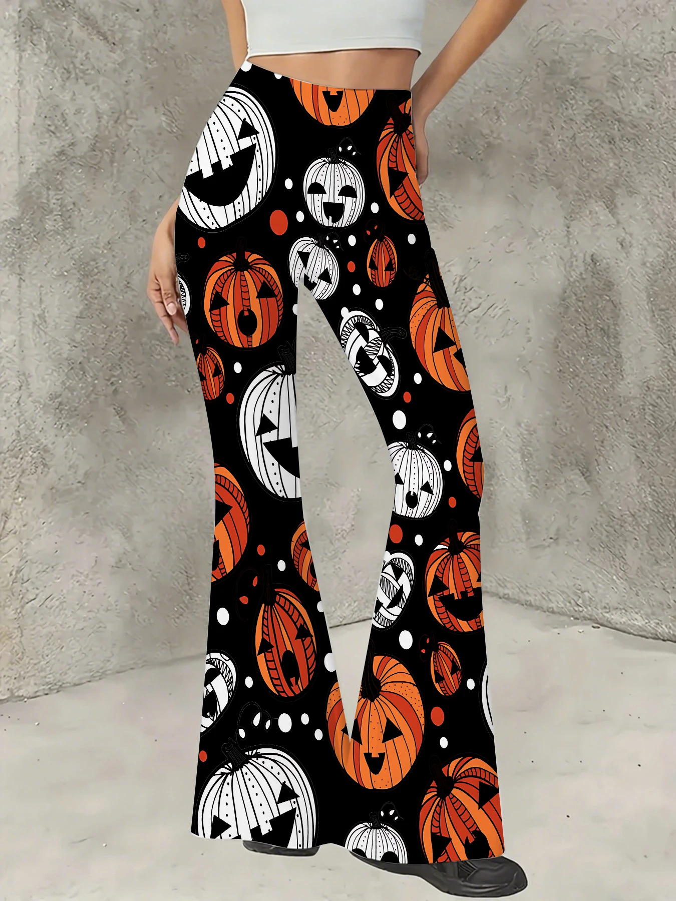 

Korean Style Printed Flare Pants Women High Waist Slim Fit Bell Bottom Leggings