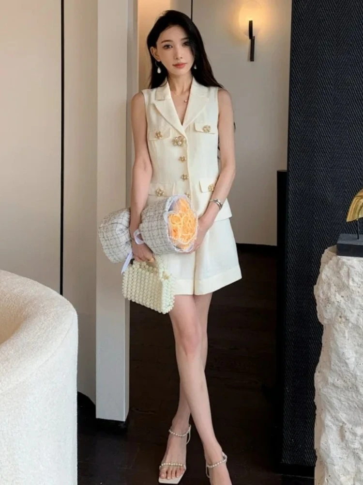 Luxury Brand Same2026 Summer New Women'S Sleeveless Slim Fit Top Lapel Cardigan High Waisted Shorts Look Slim
