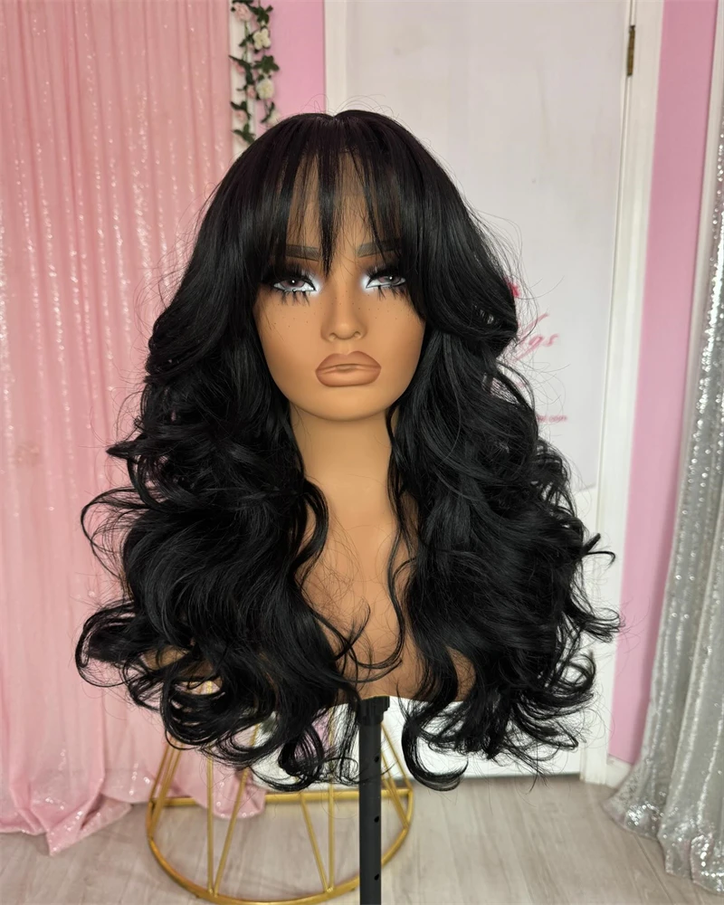 Onda do corpo peruca frontal de renda com franja para mulheres, cabelo sintético natural, fibra de alta densidade, cor preta, fibra alta, perucas femininas