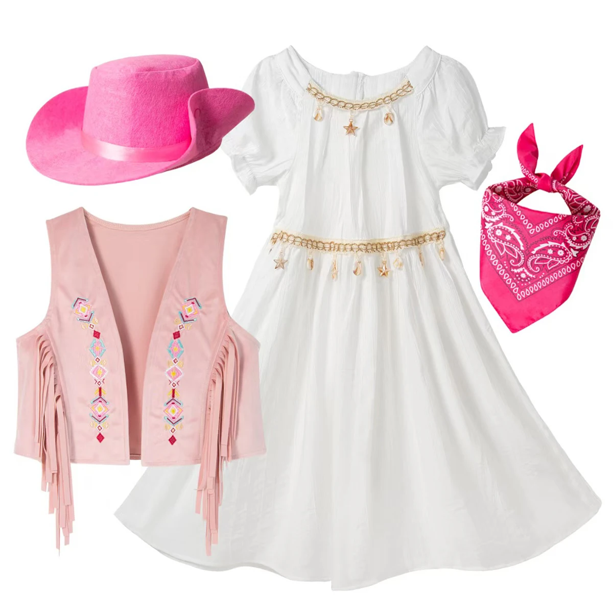 Kids Girl Western Cowboy Dress Fringe Cowgirl Vest Bohemia White Dress Carnival Purim Party Costume Set Wedding Birthday Clothes