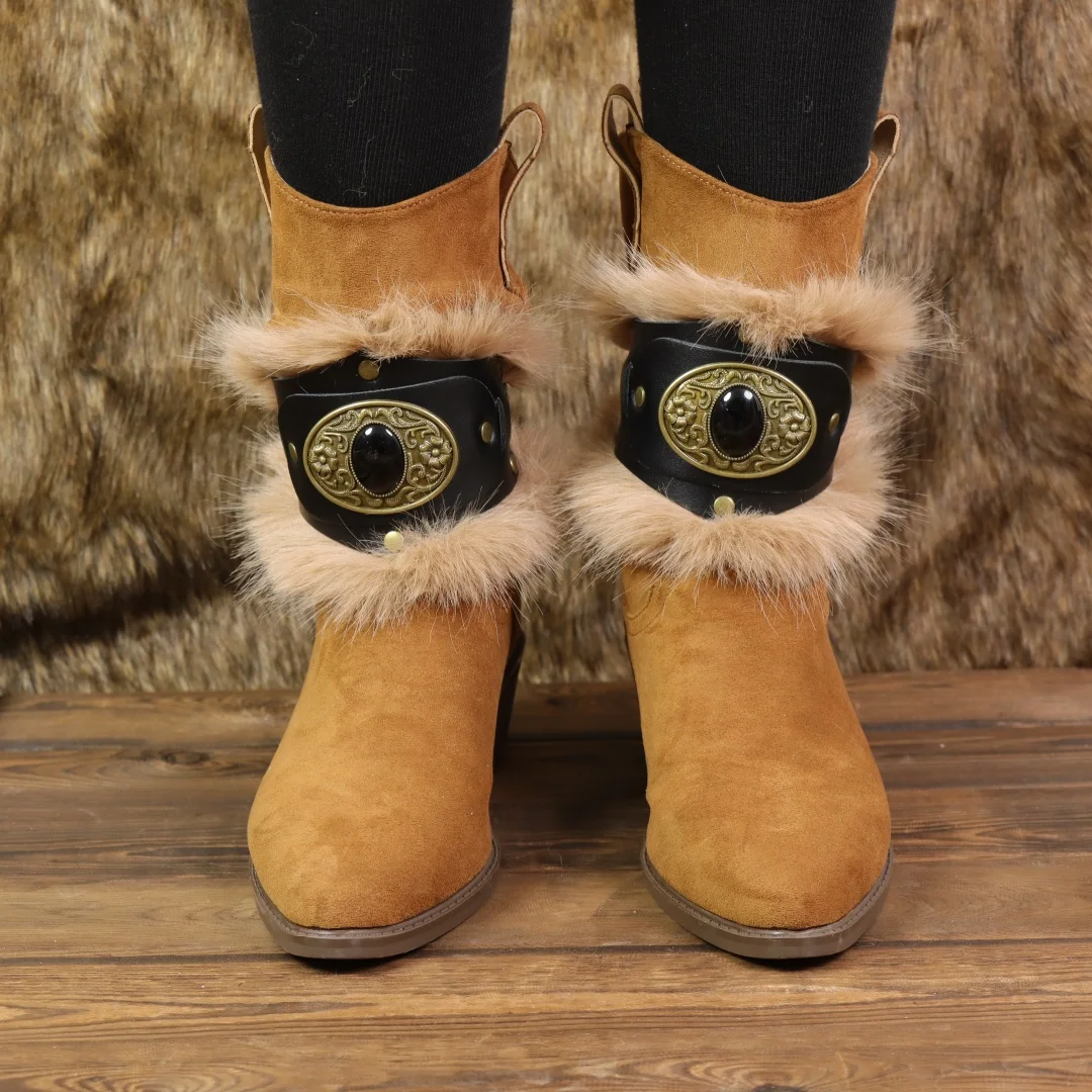 2PCS Medieval Warm Faux Fur Leg Covers Viking Costume Accessory Furry Boot Wraps for Halloween Cosplay Belt Included