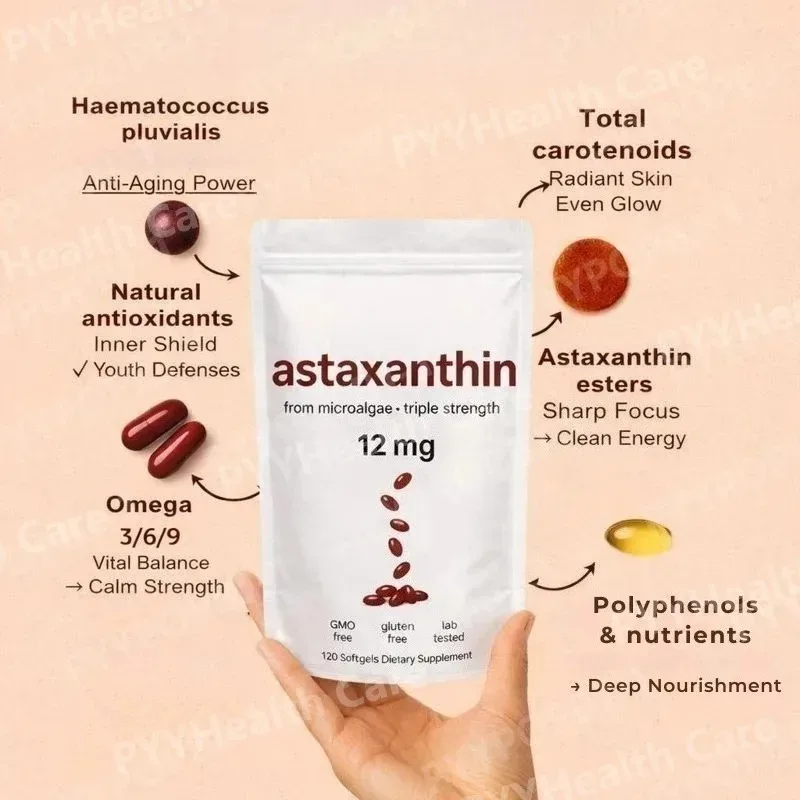 Astaxanthin Softgels 12mg with MCT Coconut Oil from Haematococcus Pluvialis Microalgae Daily Wellness Supplement 120 Count