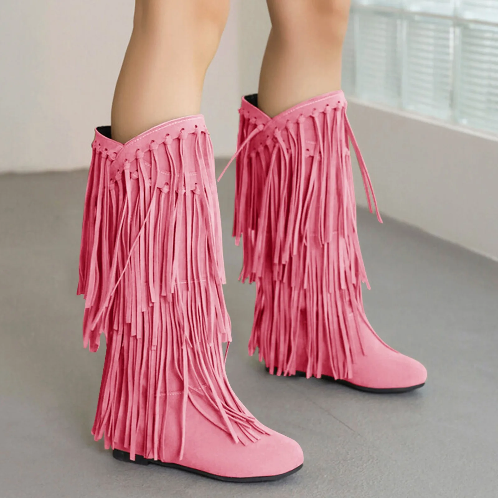 Women\'s Fringe Boots 2023 Winter New Western Boots Round Toe Flats Suede Solid Cool Internal Elevation Boots Dressy Daily Shoes