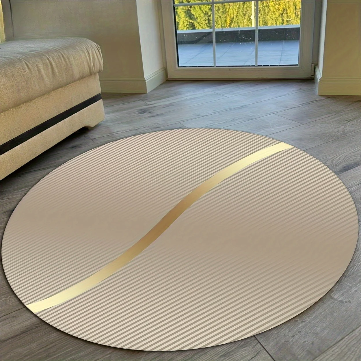 Modern Golden Line Pattern Round Area Rug - 2D Printed Non-Slip Floor Mat for Hallway Living Room & Bedroom, 1PC