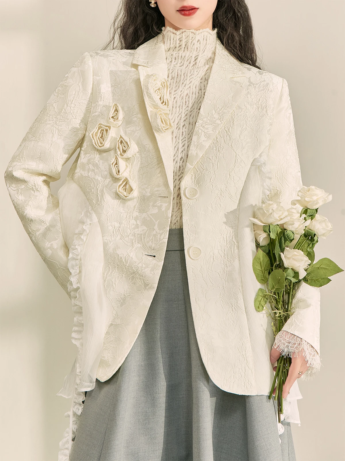 

Женский костюм FlowingEra с объемной вышивкой, свободного кроя, с 3D-розами, модная верхняя одежда для повседневной носки, пальто с длинными рукавами