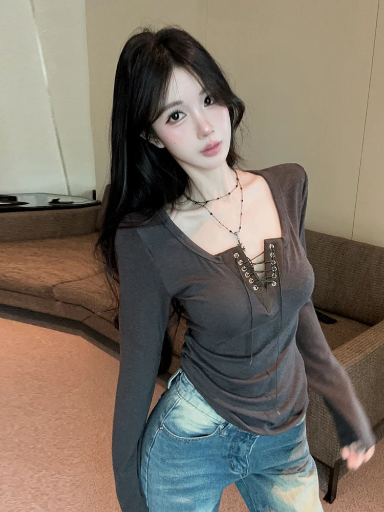 Korean Style Fashionable Minimalist Versatile Square Collar Hollow out Belted Long Sleeve T-Shirt Retro Spicy Slimming Commut...