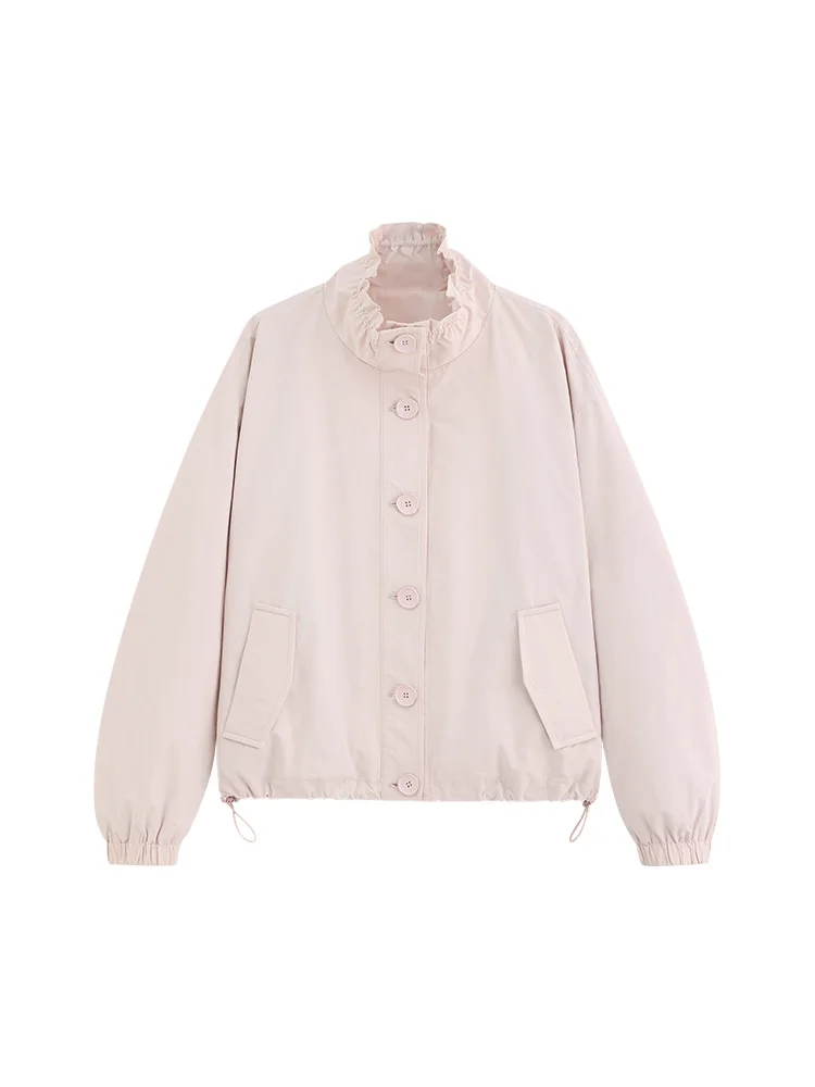 Ruffle Collar Loose Fit Jacket Women Spring Casual Utility Coat Buttons Lightweight Korean Oversized Workwear Outerwear Daily