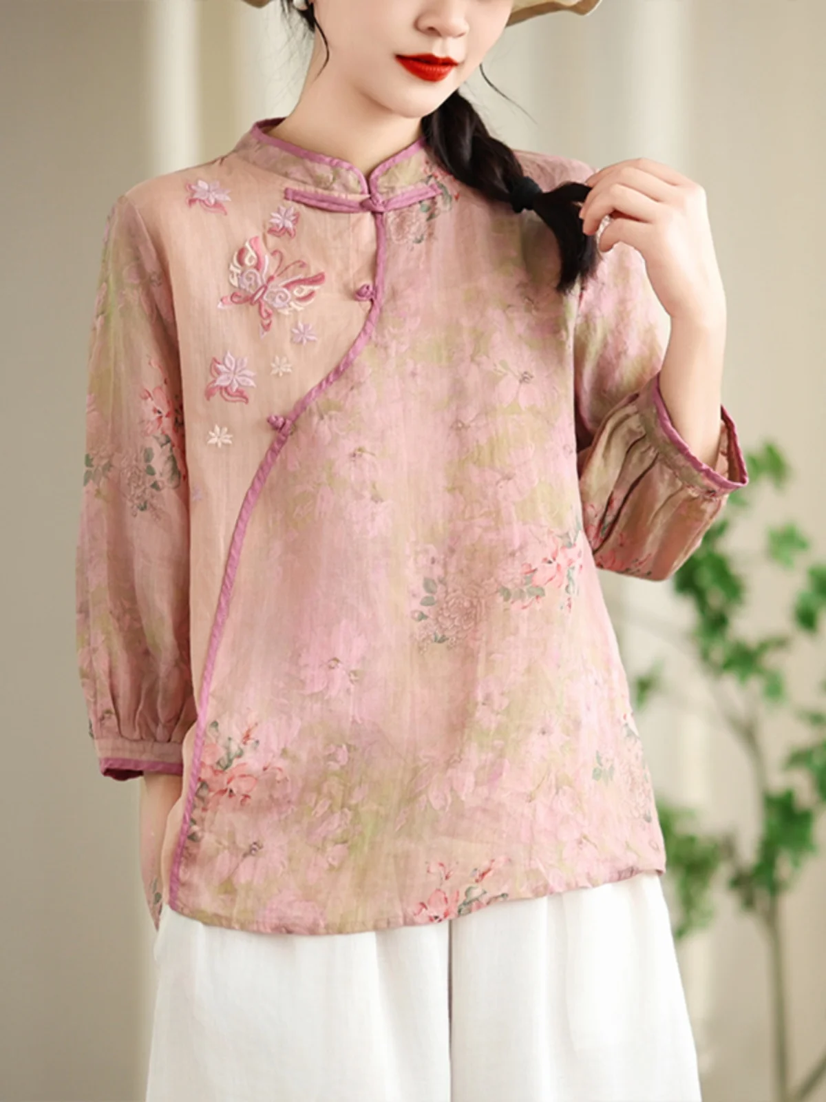 New Chinese Style Floral Cotton Linen Shirt Women's Summer Retro Oblique Collar Buttoned Zen Tea Clothing Small Top Linen Top